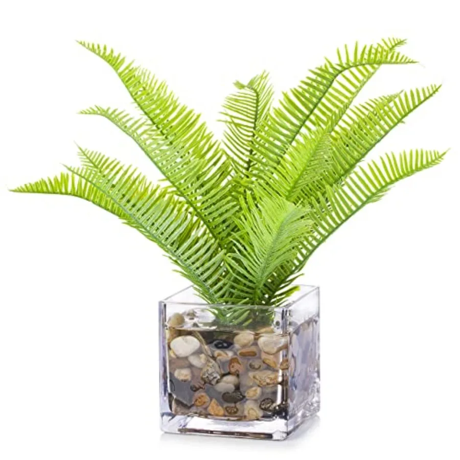 

10 Inch Artificial Fern Plant in Glass Vase with Faux Water and River Pebbles Faux Greenery Decor for Home Office Living Room R