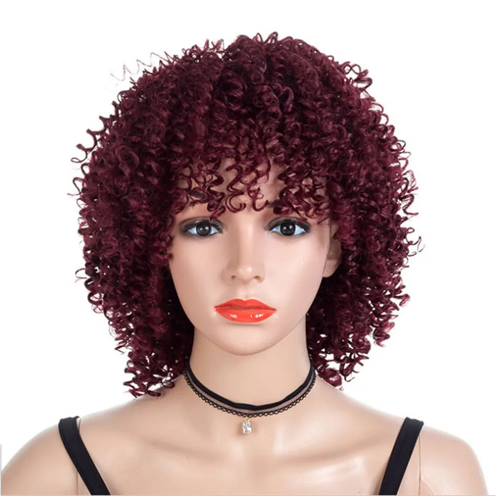 Parrucca sintetica Europeo e americano Nero Colore rosso scuro Parrucche corte Puffy Piccoli riccioli Capelli Esplosivi Afro Festa quotidiana CosplayUse