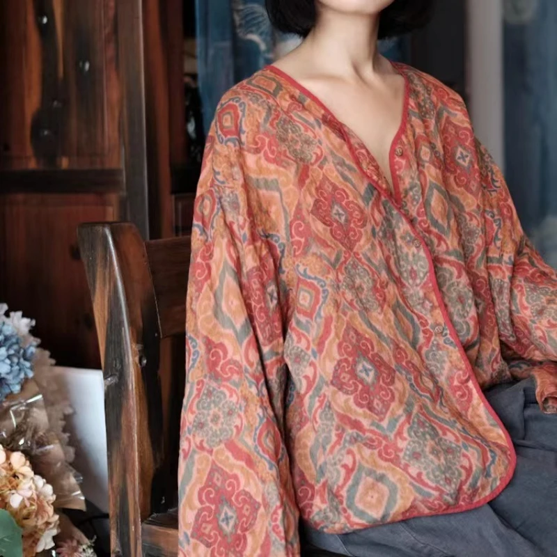 Plus Size 100% Linen Thin Chic Shirt and Cardigans Women's Vintage Artistic Printed Blouses Loose Tops Button-Up Women Clothing