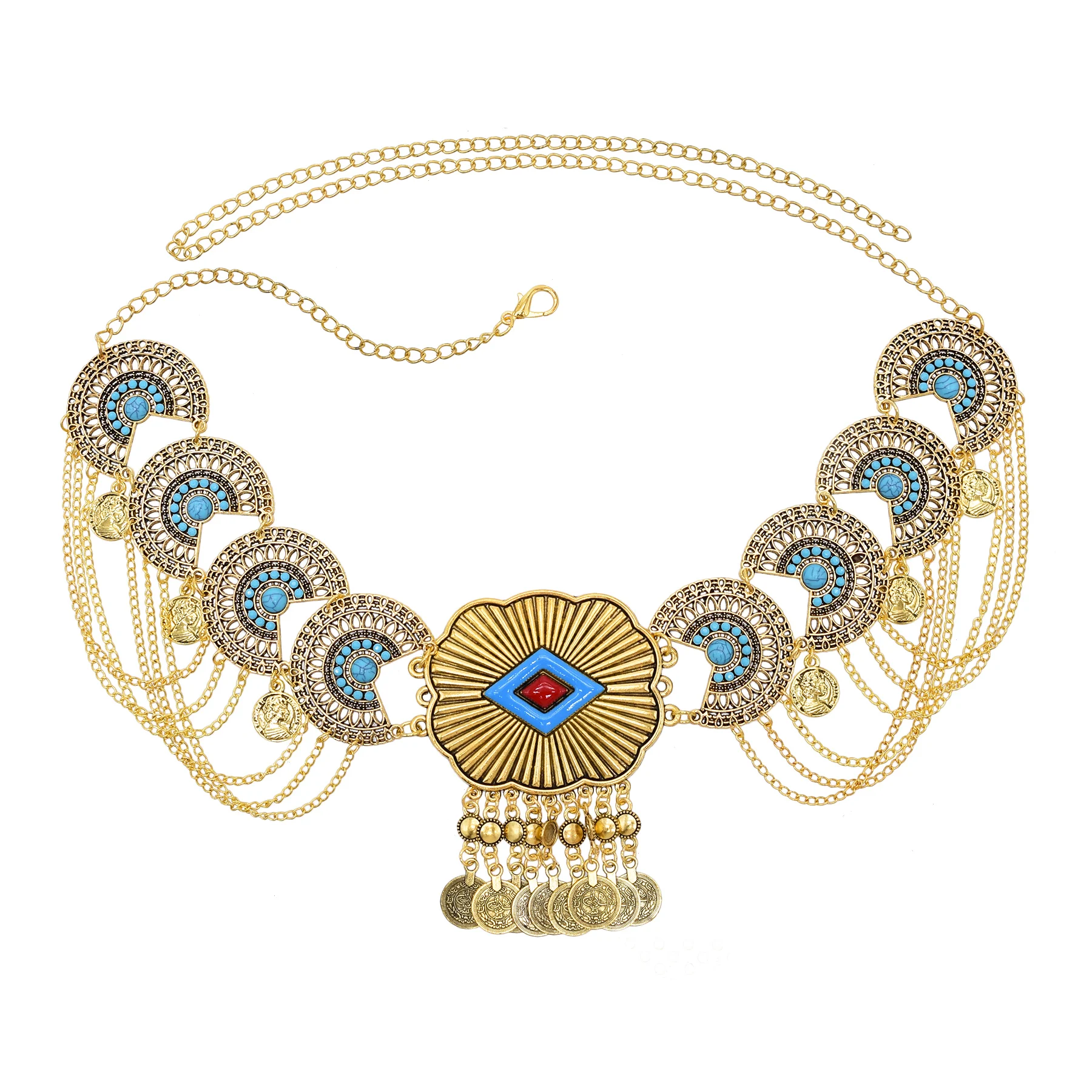 Ethnic Vintage Metal Belly Chains for Women Dancing Dress Belt Waist Chain Geometric Coin Long Tassel Indian Body Jewelry Chain