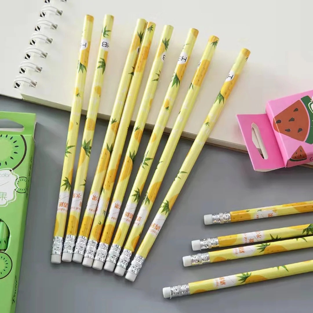 12er-Pack HB-Bleistifte mit niedlichem Fruchtmuster und Radiergummi-Aufsätzen, Cartoon-Bleistifte für Kinder und Schüler, Schulbedarf zum Zeichnen und Schreiben, Geschenk – Detail 4