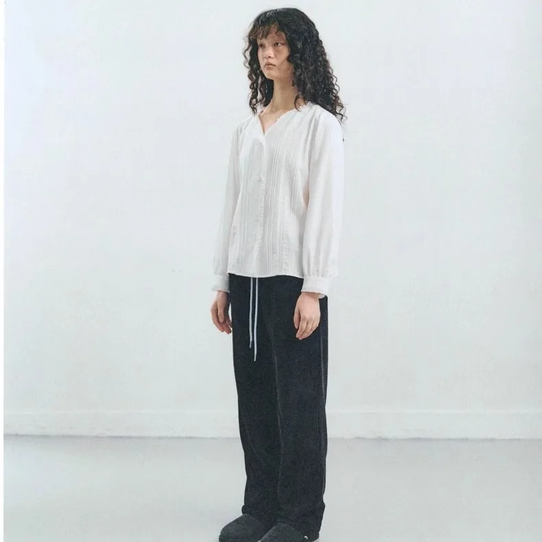 Romantic Sweet Lace Collar Single Button Loose Long Sve irt Top Tannat Qui very Cotton Blend Casual Women's irt