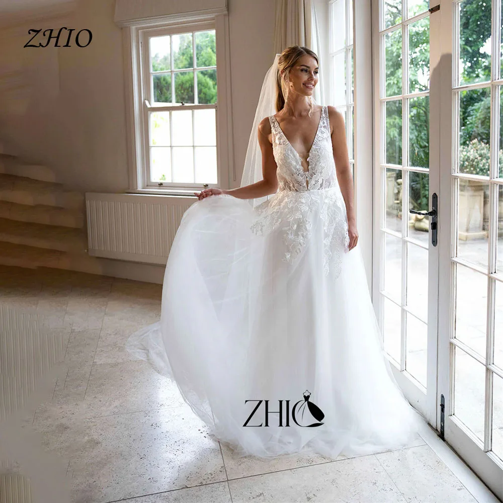 ZHIO Pretty Lace Wedding Dress V Neck Sleeveless Applique Tulle Long A Line Bridal Gowns Floor Sweep Train Custom Made