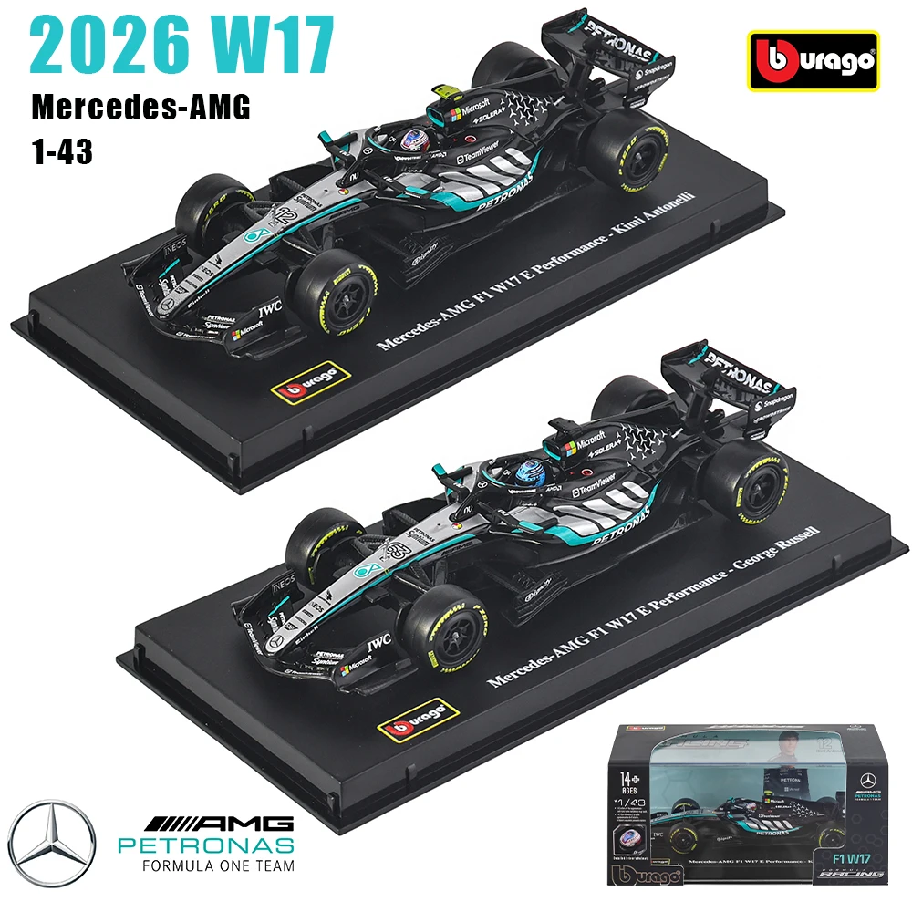 ブーラゴ-1-43-f1-2026-メルセデスamg-w17-63-ジョージ・ラッセル-12-アンドレア・キミ・アントネッリの合金製ダイキャストモデルカー。アクリル製のボックス付き。