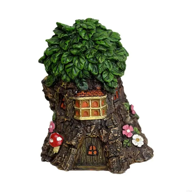 Mini House Figure with Roof, Door, Window, Flower and Mushroom Trim 10.6 x 10.2 x 13.0 for Desk Shelf Placement and 87HA