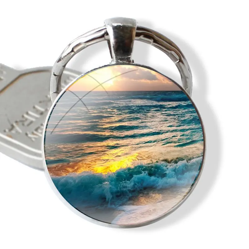 Keychain Handmade Glass Cabochon Key Ring Holder Pendant Key Chains Fashion Cartoon Design Creative The Sea Waves Beach