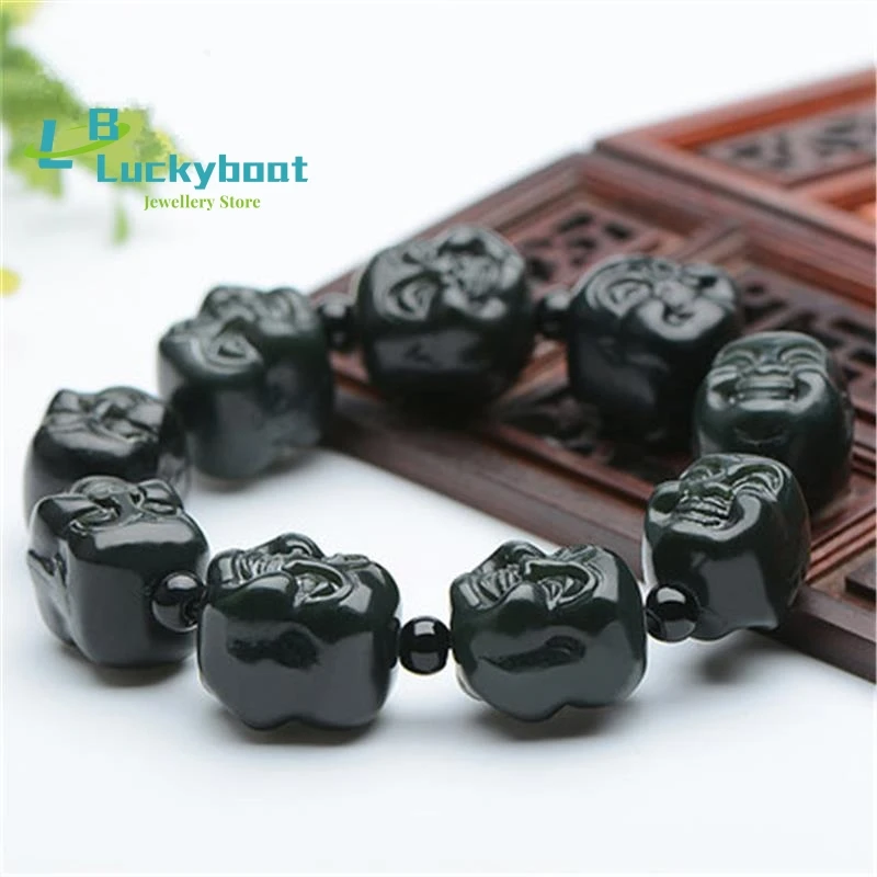 

Natural Hetian Qingyu Buddha head beads Jade Bracelet Jewelry Fine Jewelry Lucky Safety Auspicious Amulet Jade Bracelet