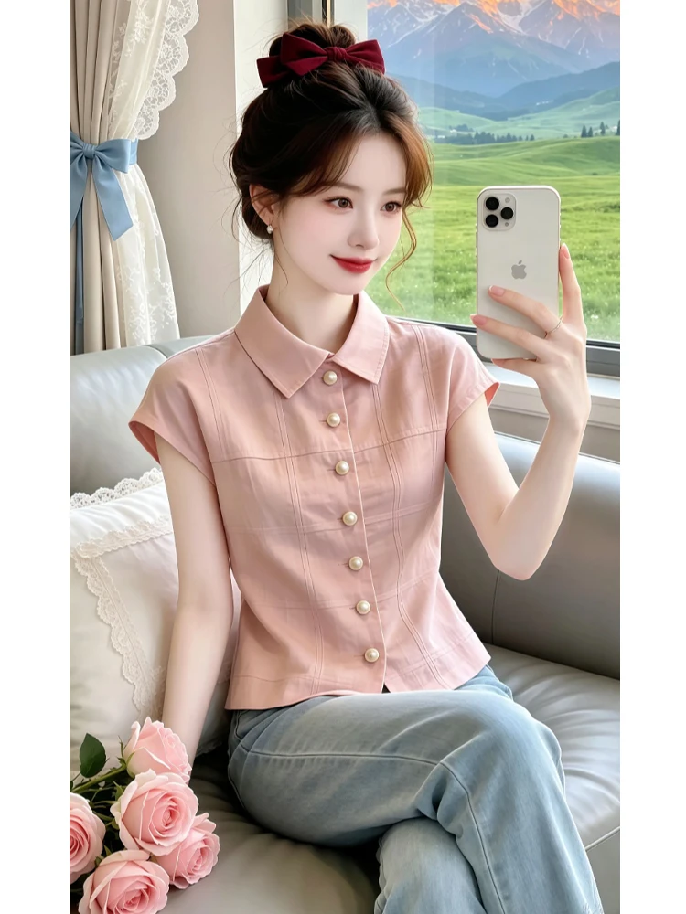 

Elegant Short Sleeve Doll Collar Shirt Women's Slim Fit Commute Top Casual Style Breathable Skin-Friendly Chinese Production