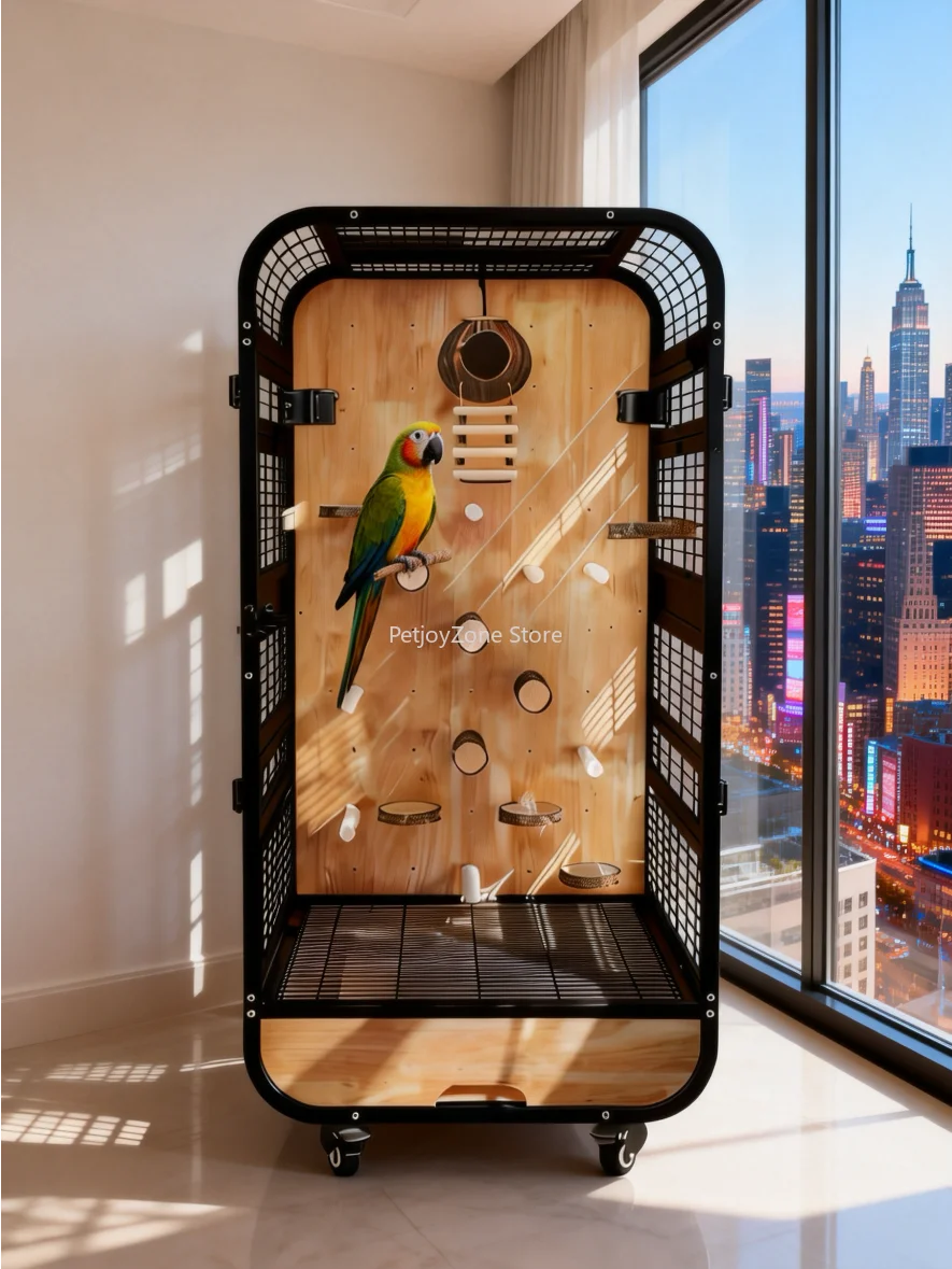 

Villa-Style Large Parrot Cage Houses, Premium Iron Wood Bird Mansion, Space-Saving Splash-Proof Design With Clear Glass For Home