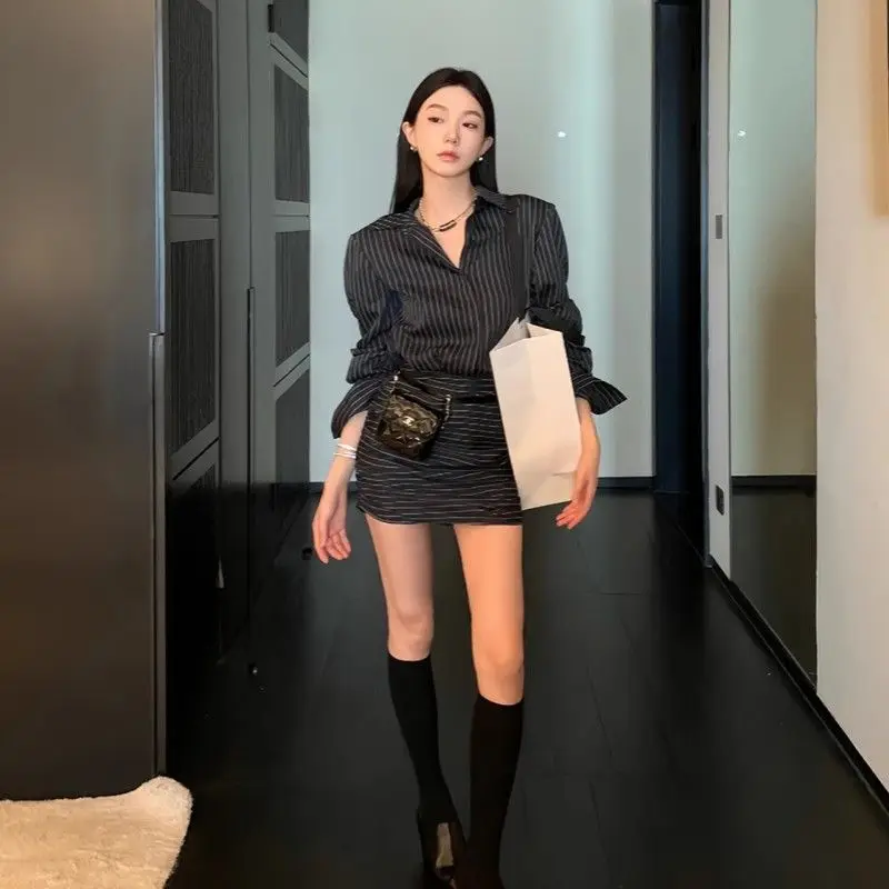 Striped Polo Neck Shirt Long-sleeved Dress Female Temperament Waist-pack Hip Short Skirt