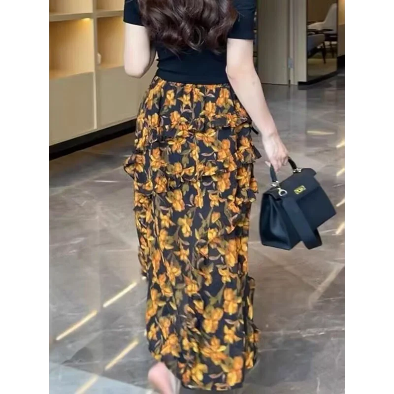 고급 플로럴 하이웨이스트 여성용 2025 신상 루즈 디자인 독특하고 아름다운 롱 스커트
