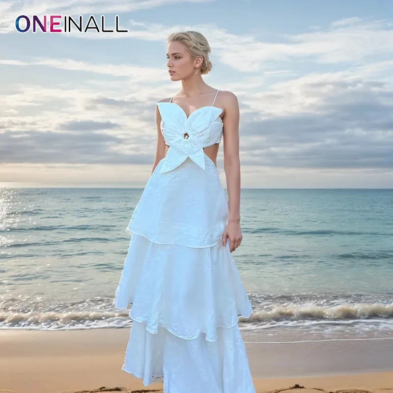 

ONEINALL Patchwork Appliques Long Dress For Women Sleeveless High Waist Hollow Out Camisole Spliced Ruffel Solid Dresses Female