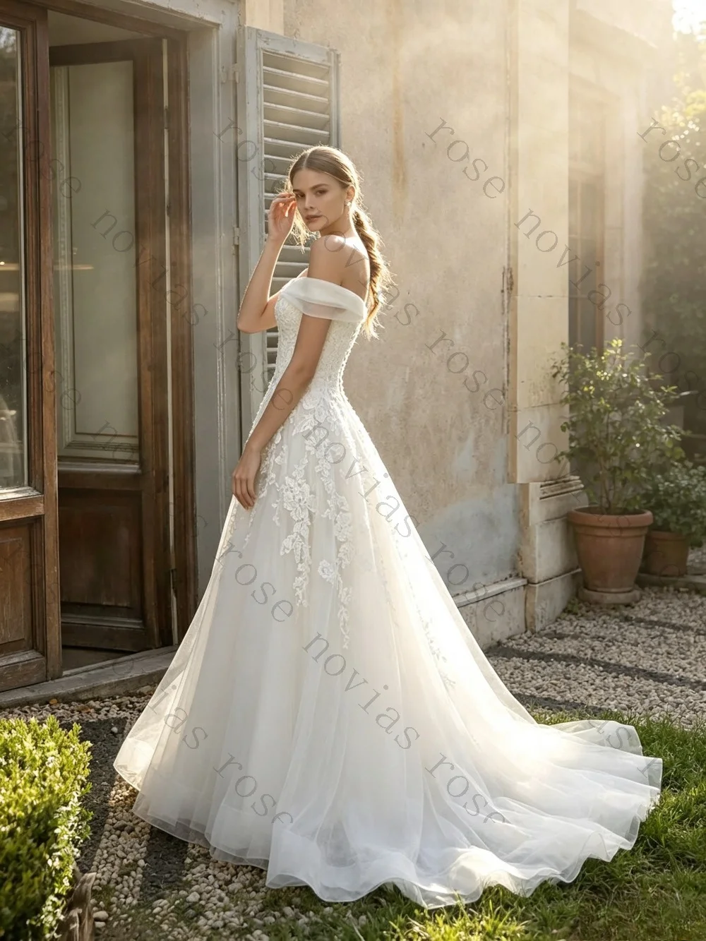Customized White Off Shoulder Lace A-line Bridal Gown Sweet Neckline Thin Gauze Pleated Edge Wedding Dress Suitable for Church