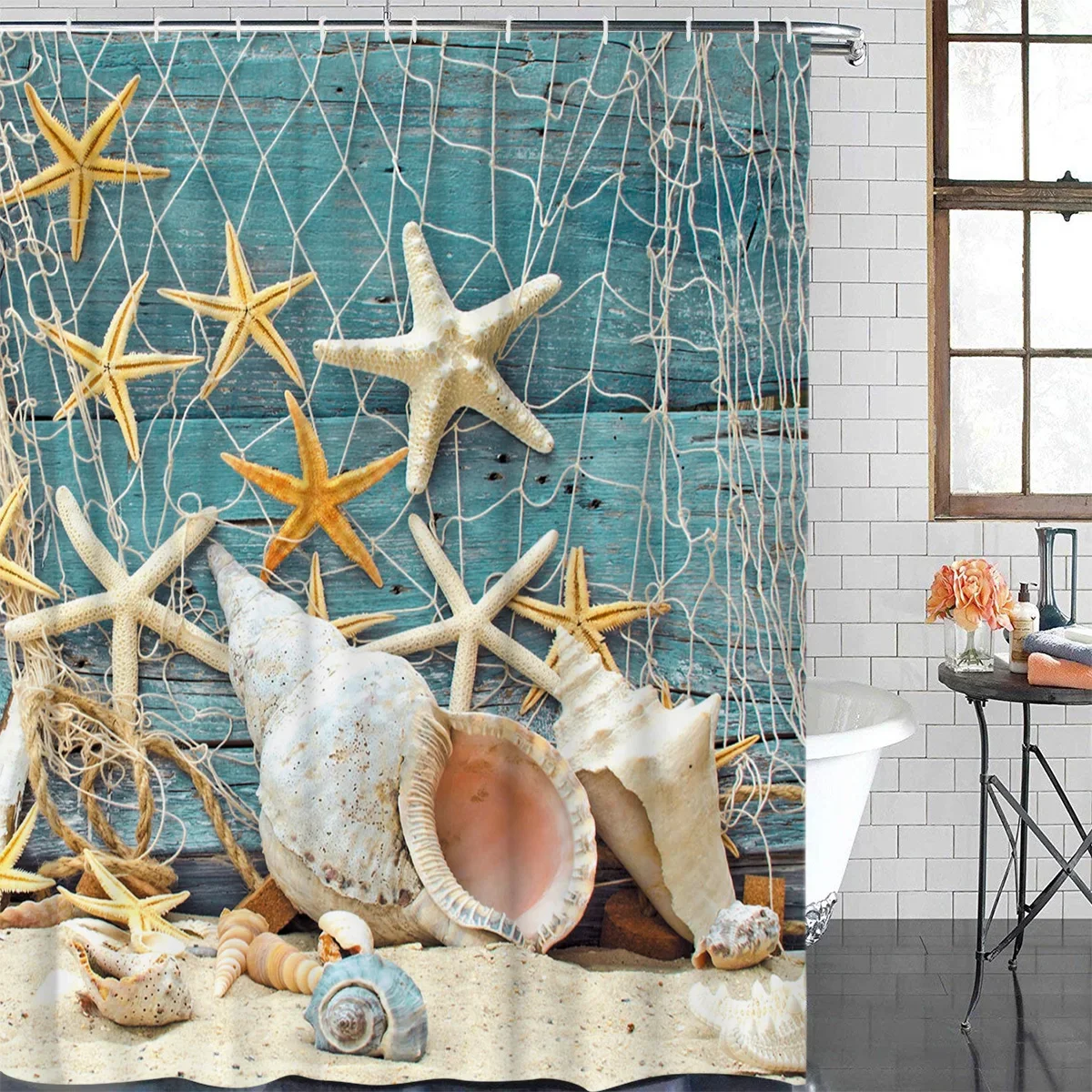 Starfish Beach Conch Fishing Net Waterproof Bathroom Decoration Shower Curtain With Hook Bathtub Curtains Bathroom Accessories