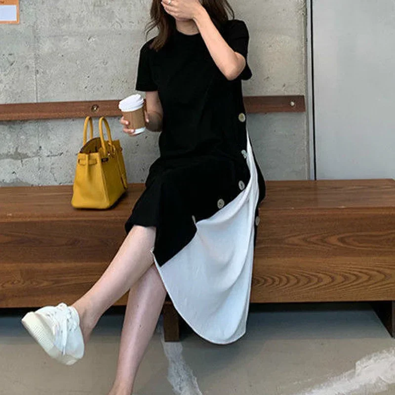 Robe d'été à manches courtes pour femmes, faux vêtements deux pièces, t-shirt à boutons, style coréen, document d'abonnés, patchwork