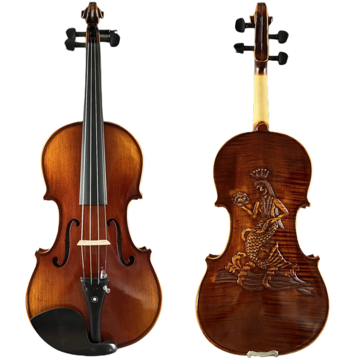 Pure handmade carving art carving mermaid pattern violin tiger pattern performance grading collection