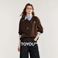 TOYOUTH Women Sweatshirt 2025 Autumn New Denim Flower Embroidery Fake Two Piece Splicing Turn Down Collar Cotton Casual Pullover