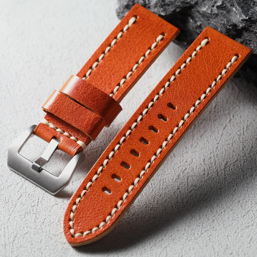 Handmade orange yellow 20MM 22MM 24MM 26MM thick leather strap with retro folding and no interlayer, suitable for PAM mechanical