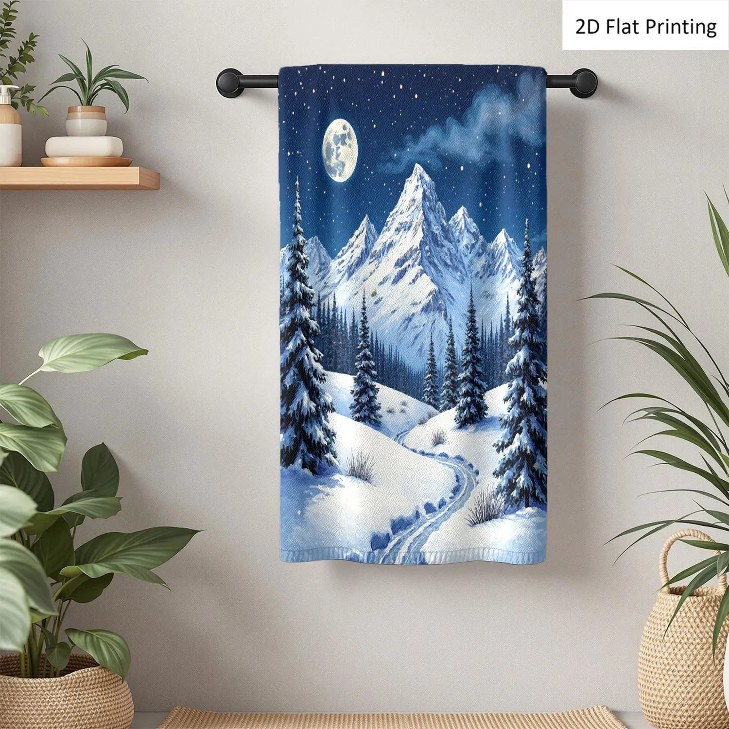 

1Pc Snow Covered Mountains Pine Trees Under Moon And Stars Bathroom Hand Towel Bath Towel, Multiple Size Microfiber Polyester Towel, Unique Home Decorative Kitchen Towels, Festival Bathroom Accessories Decor, Quick Dry and Absorbent