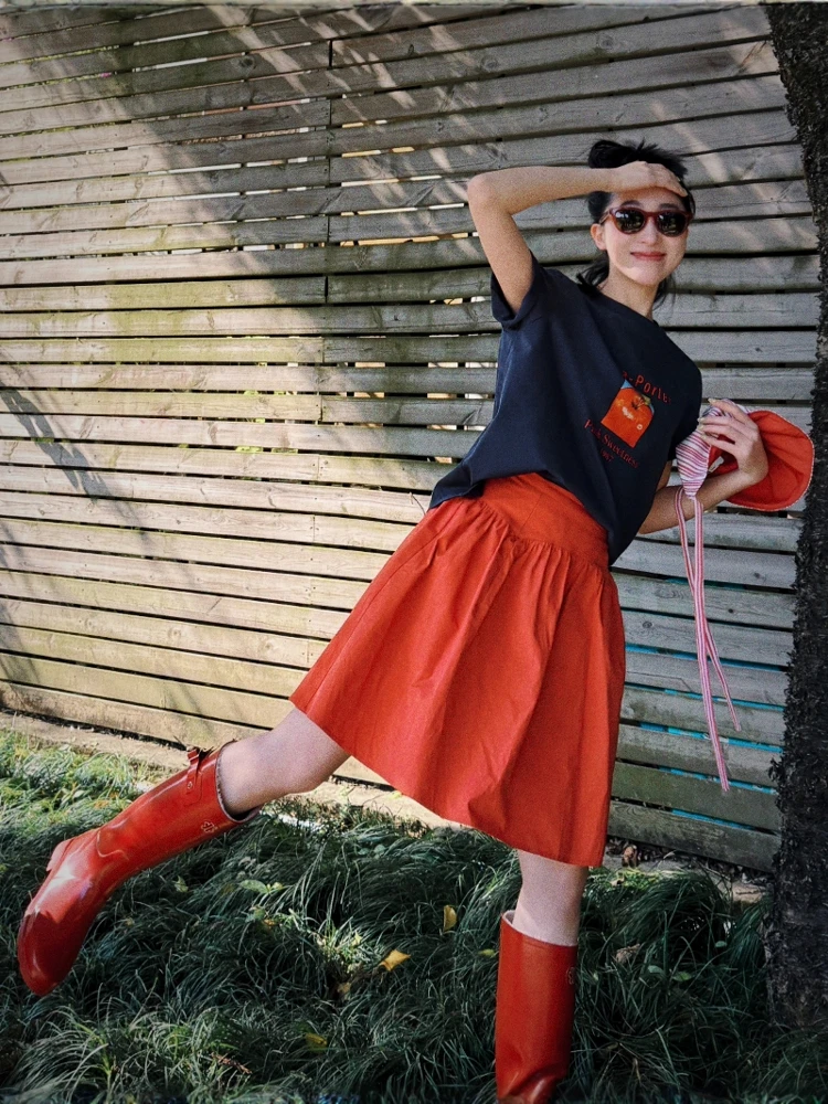 

Розовая повседневная свободная женская юбка-миди с высокой талией, А-силуэт, летняя, винтажная, для города, путешествий и шопинга