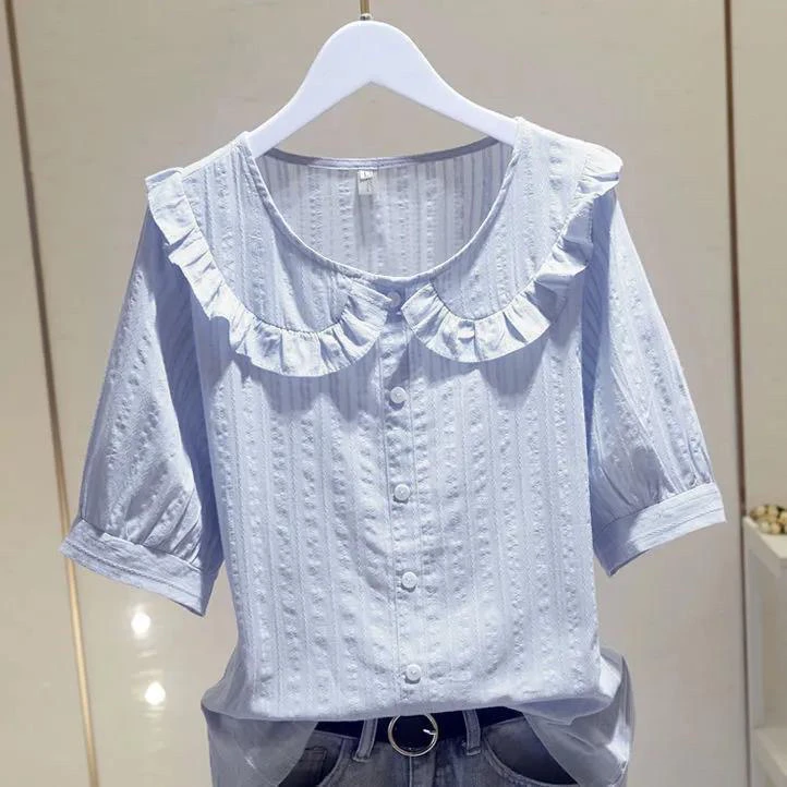 Pure Cotton Ruffle Sleeve Doll Collar Women's Shirt Short Sleeve Summer New Style Lady Cotton Blouse T-Shirt Commute Style