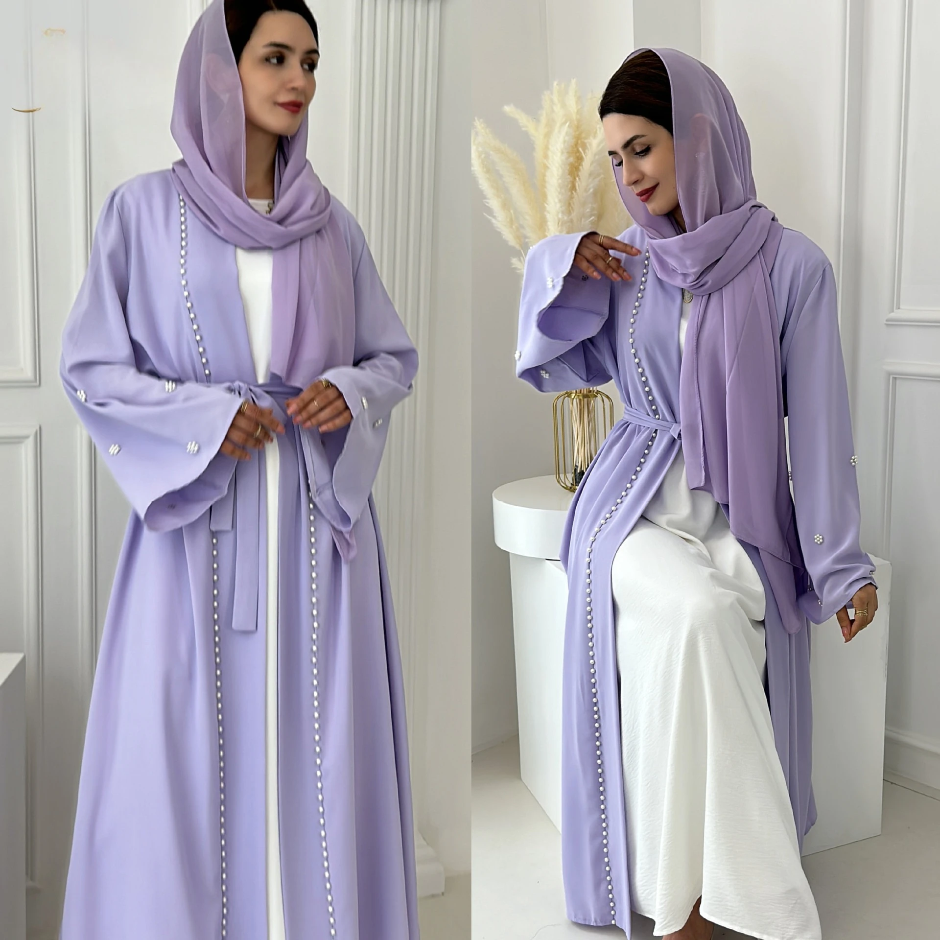 

Lavender Modest Muslim Hijab Abaya Kimono with Inner Slip White Dress Abaya Set for Muslim Cardigan Dress Islamic Clothing