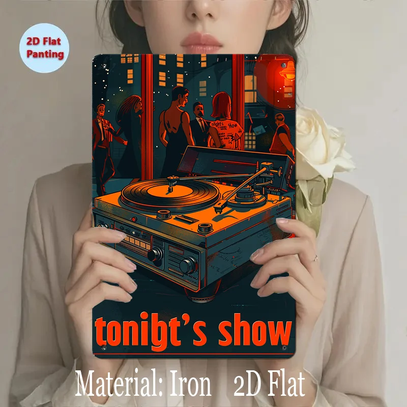 -  Vintage-Style Turntable Metal Sign -  Iron Wall Art with Nightlife Scene,