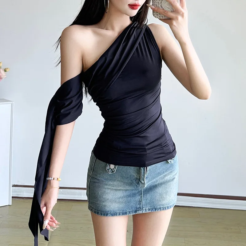 Wish European Women Fashion Sexy One-Shoulder T-Shirt Spring Summer New Arrival Sleeveless Slim Fit Ribbon Detail Top