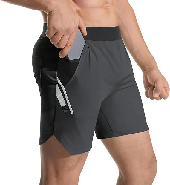 Herren Fitness-Sportshorts mit Taschen Dunkelgrau XXL, Laufshorts Gym-Training Atmungsaktiv Leicht