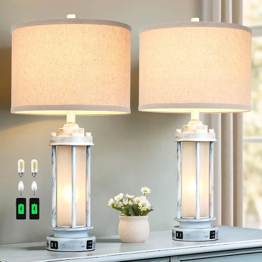 

25" Rustic Table Lamps Set of 2, Vintage Nightstand Lamps with 2 USB Ports, Farmhouse Antique White Desk Lamp with Glass Night L