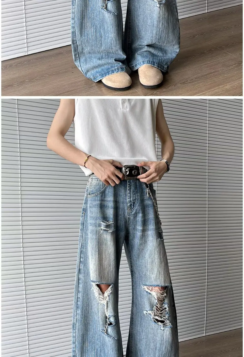 2025 Trashy Y2K Streetwear Washed Blue Baggy Ripped Jeans Hosen für Männer 90er Jahre Vintage Kleidung Straight Distressed Denim Hosen – Detail 11