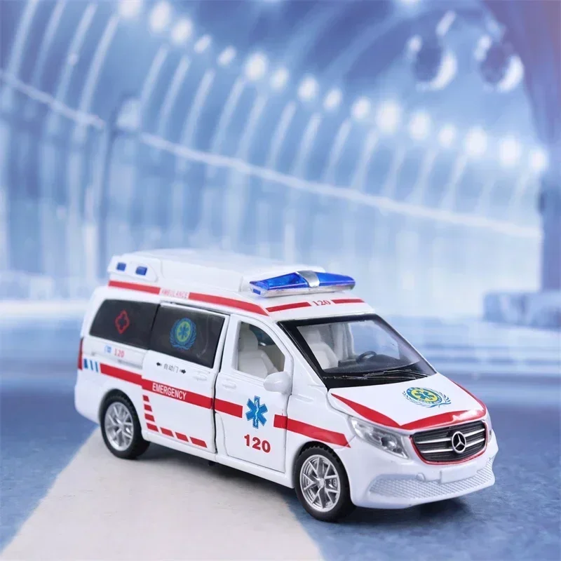 1:32 Mercedes-Benz Emergency ambulance 120 Diecast Metal Alloy Model car Sound Light Pull Back Collection Kids Toy Gifts F527