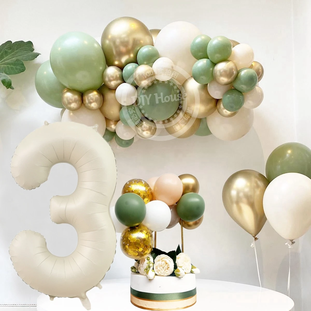 1set Vintage Beige Green Balloons with Creamy Number Balloon For 30 40 50 Kids Birthday Party Decoration DIY Gifts Supplies