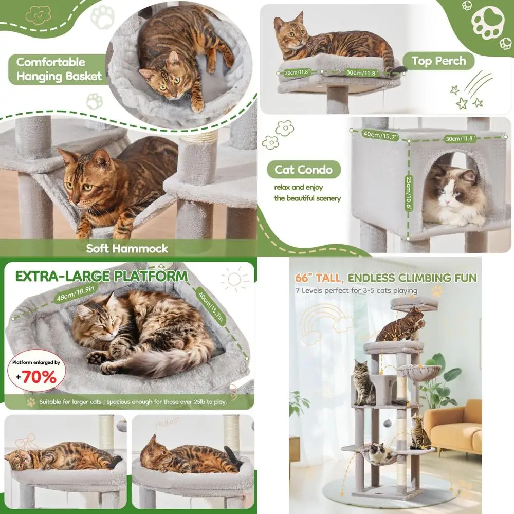 

Luxury 66 Cat Tower with Scratching Posts, Soft Hammock, Adjustable Basket, and Top Perch for Large Cats in Light Gray