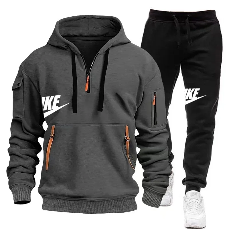 New men\'s multi-pocket zipper hoodie autumn and winter leisure jogging fitness hooded jumper + sweatpants two-piece set