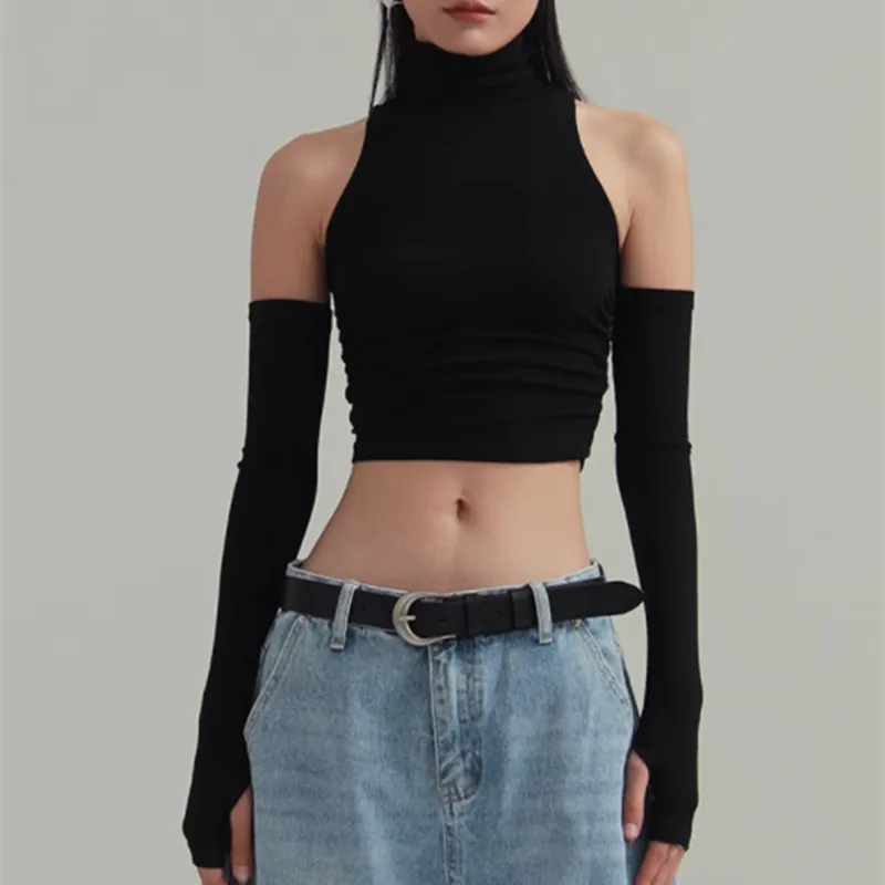 Pure Desire Sexy High Collar Slim Fit Long Sve Base IRT Weste Seitliche Falten Design Sve Cover Taille Schlankheitseffekt