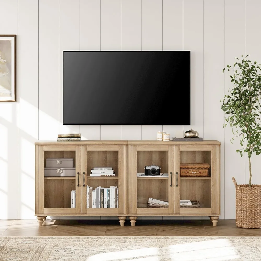 Side board Buffets chränke mit 4-Glastür, Couch tische aus Holz mit verstellbarem Regal, 2-in-1-Mehrzweck-Sideboard, Schließfach