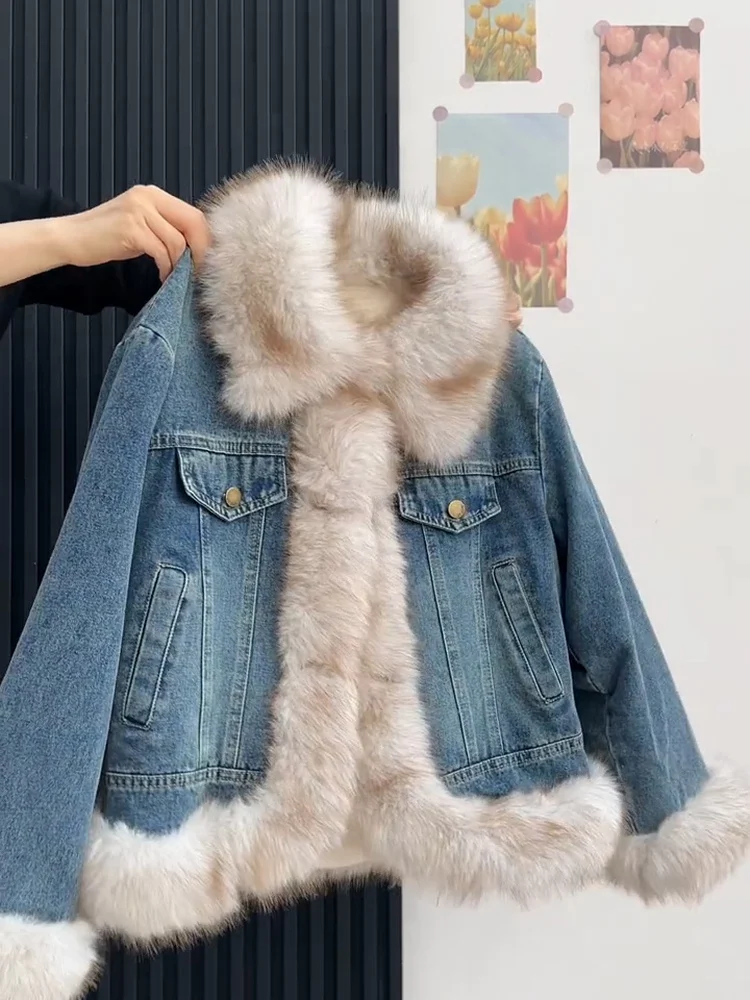 Korean Style Eco-Friendly Fur Denim Jacket Autumn Winter Patchwork Velvet Short Coats 2025 New Single Breasted Warm Outerwears