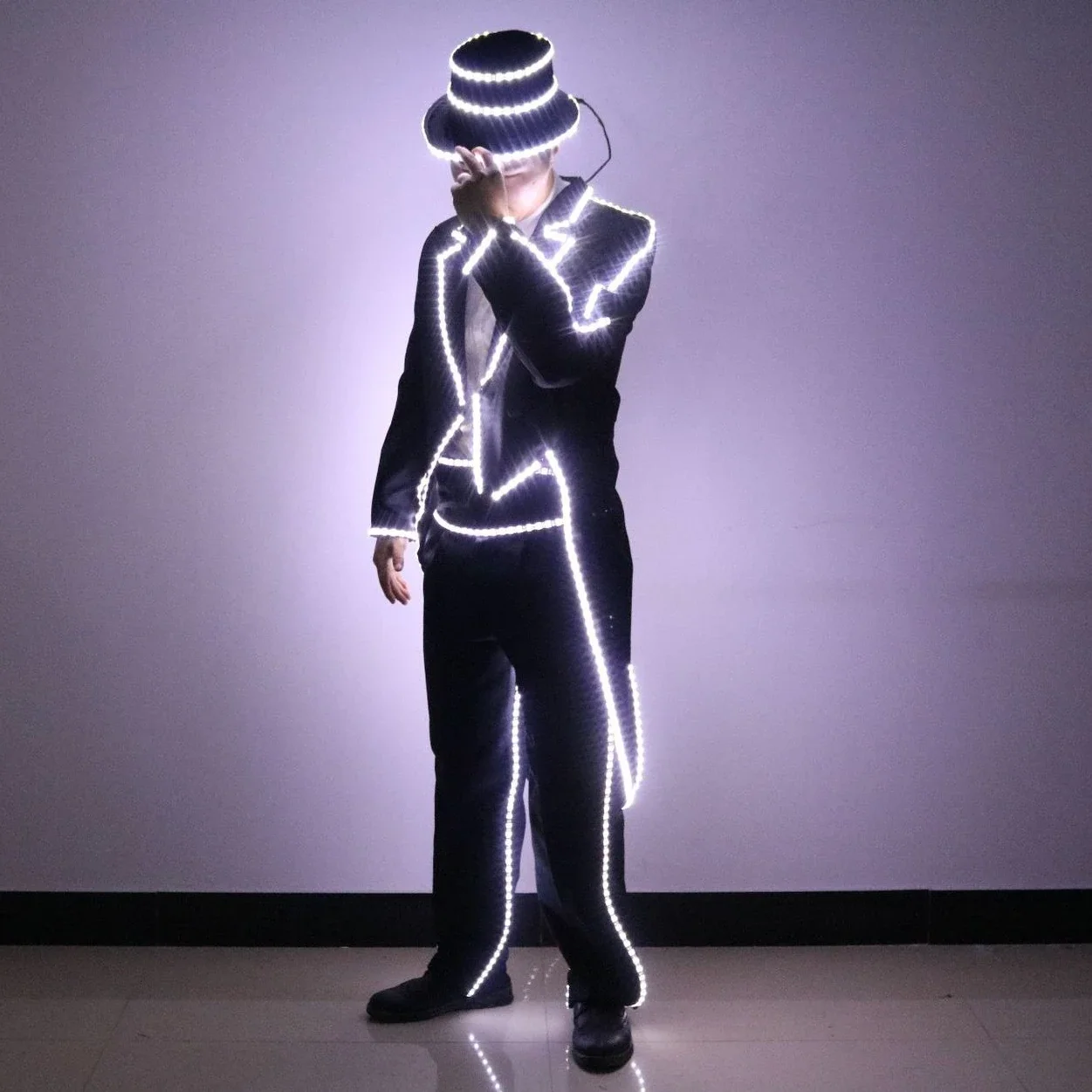 

Halloween Costume LED Tuxedo Suit Hat Men White Light up Magician Stage Show Outfit Fancy Tron Dance Wear 2025 Adult