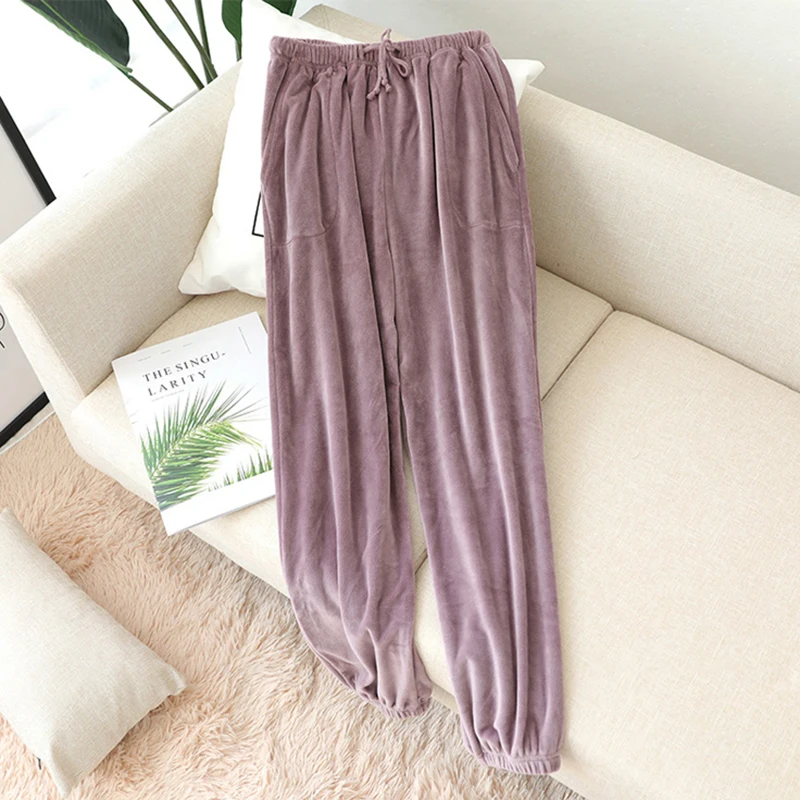 

Брюки для сна, зимние женские утепленные брюки из кораллового флиса, однотонные фланелевые брюки с эластичной резинкой на талии, шикарная мягкая одежда для отдыха