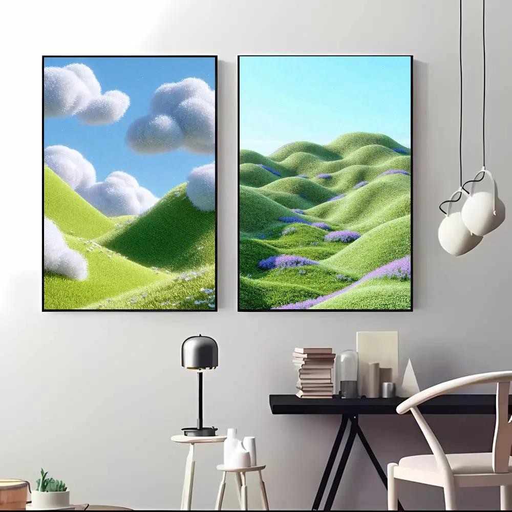Dreamy Soft Green Rolling Hills Poster, Surreal Pasture Cloud Sky Scenery Wall Aesthetic Dreamcore