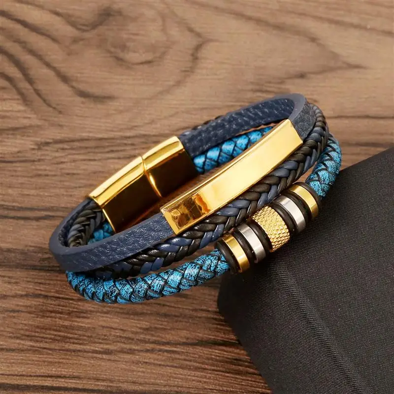 Fashion Bicycle Blue Handwoven Leather Bracelet Stainless Steel Clasp Multilayer Cufflinks Bracelet Men\'s Punk Rock Jewelry