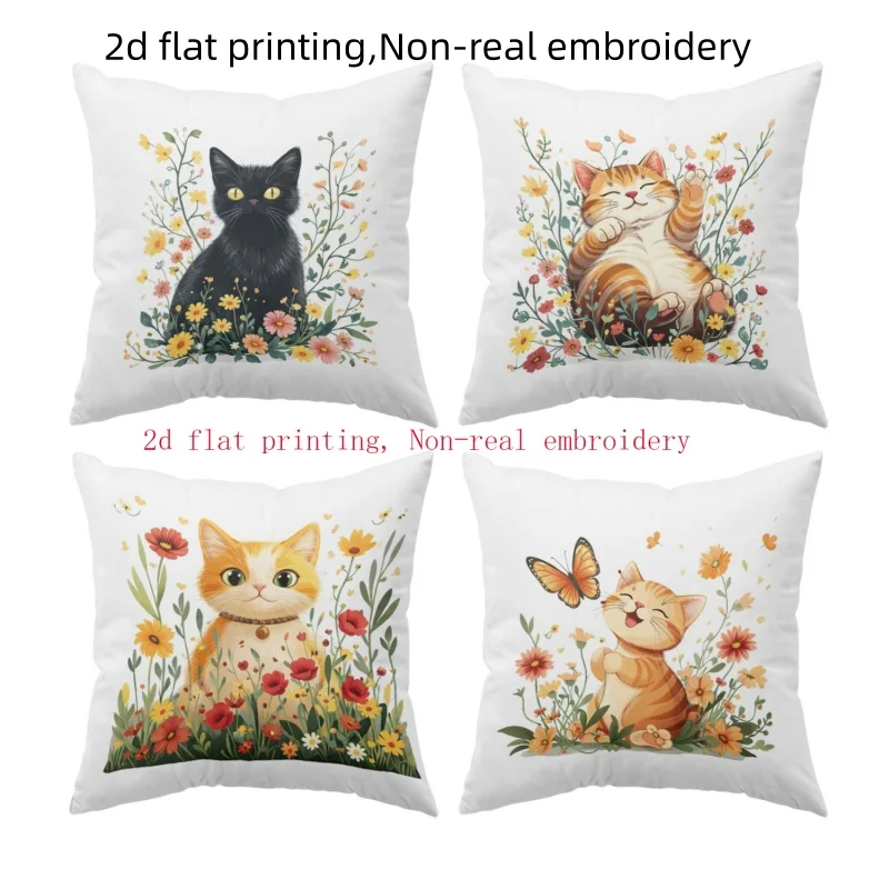 Cute Floral Cat Throw Pillow Covers Watercolor Kitten with Wildflower Print Cushion Cases Cat Lover Decor Bedroom Living Room