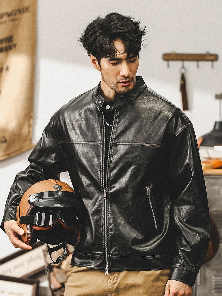 الأمريكية الرجعية الوزن الثقيل دراجة نارية جلدية Jaet الرجال فضفاض الخريف العصرية العلامة التجارية Merald Haome العمل الجلود Jaet الرجال