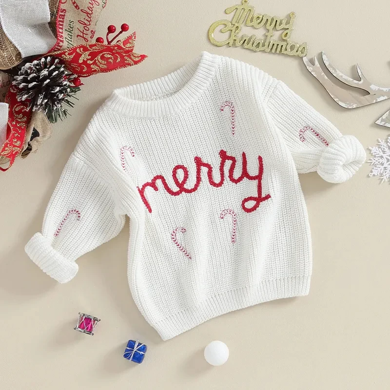 Merry Christmas Children Clothes Girls Boys Knitted Sweaters Long Sleeve Candy Cane Embroidery Crochet Pullover Kids Knitwear