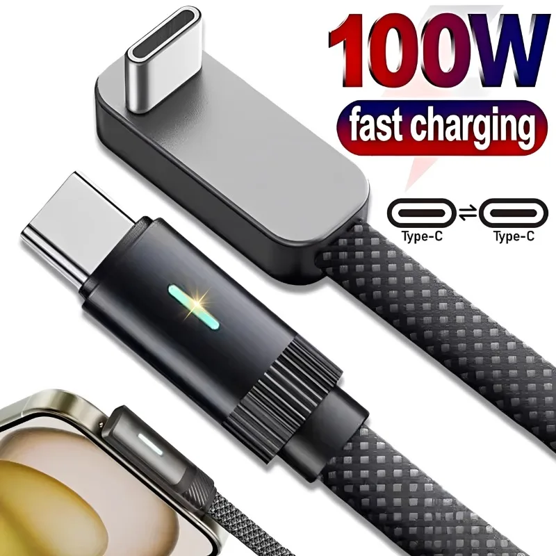 100W Quick Charging USB Type C Cable 90 Degree Dual Elbow Flat Nylon Braided Cord for iPhone Samsung Xiaomi Right Angle Cable