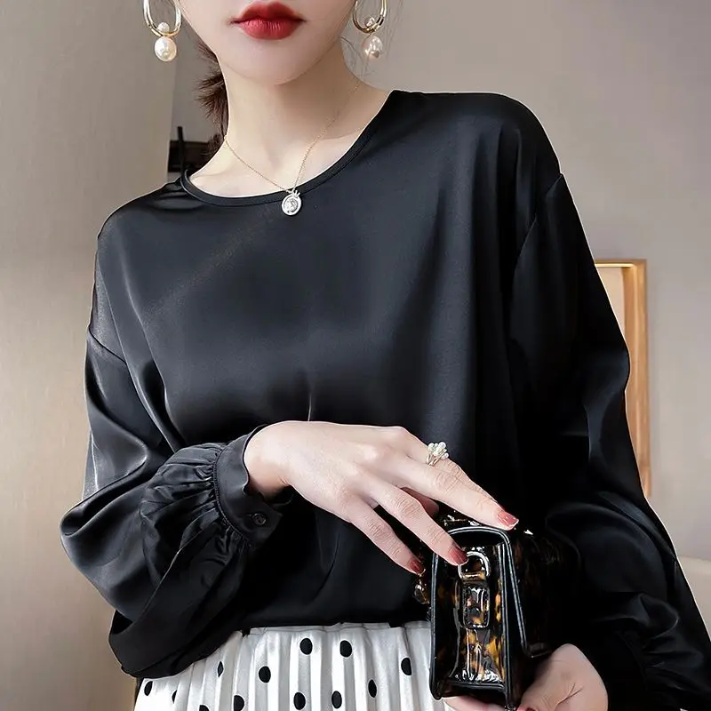 2024 Spring Loose Women\'s Shirt Solid Color Office Lady Tops O-Neck Long Sleeve T-Shirt Satin Silk Lantern Cuffs Women Clothing