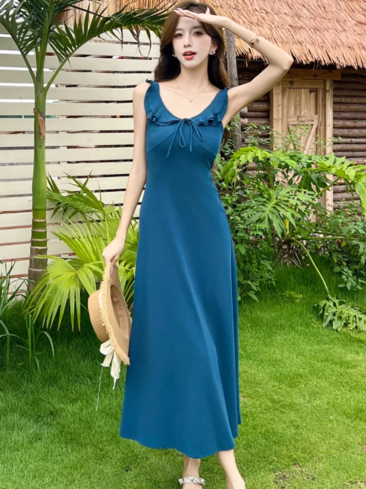 Feminino azul elegante arco babados estilingue sexy vestido longo verão moda bodycon casual vestido de férias 2025 coreano vintage vestido de festa