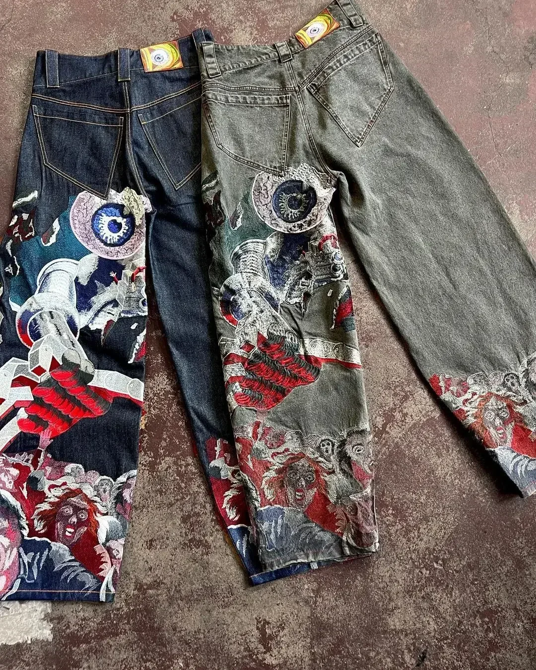 Ripped Jeans HotHip Hop Punk Embroidery Printed Baggy Jeans Men Heavy Craftsmanship Retro Style Wide Leg Pants Goth Y2k Jeans