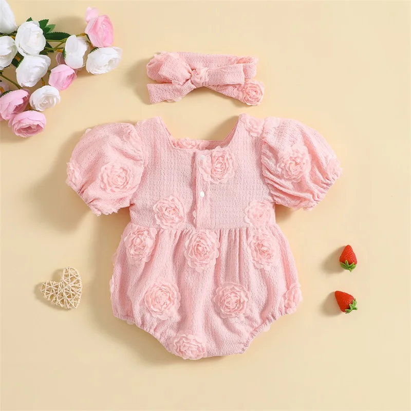 Newborn Baby Girls Floral Print Ruffle Sleeve Romper with Matching Headband Set Infant Jumpsuit Bodysuit Outfit